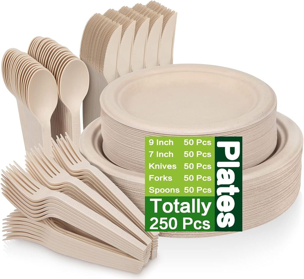 250 Piece Compostable Paper Plates Set with Extra Long Utensils, Sugarcane Fibers Disposable Dinnerware Set, Eco Friendly Biodegradable Plates, Cups, Spoons, Fork for Party, Camping, Picnic