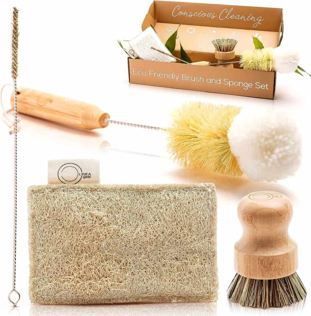 Bamboo Dish Brush Set, Complete Sustainable  Compostable Sponge and Scrubber Set, Eco Friendly Cleaning Products, Bamboo Cleaning Brush, Wooden Kitchen Scrub Brush for Dishes, Dish Brush Set