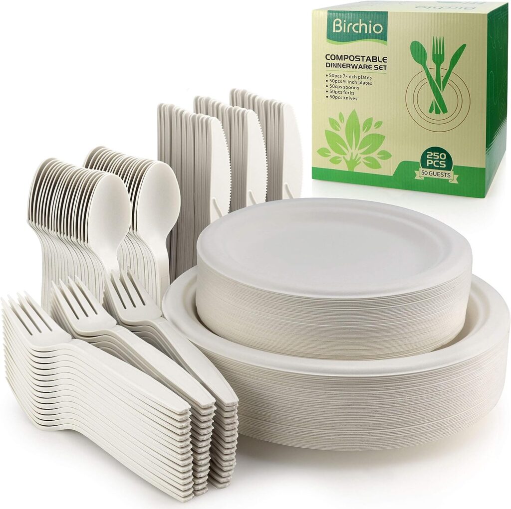 BIRCHIO 250 Piece Biodegradable Paper Plates Set (EXTRA LONG UTENSILS), Disposable Dinnerware Set, Eco Friendly Compostable Plates  Utensil include Plates, Forks, Knives and Spoons for Party