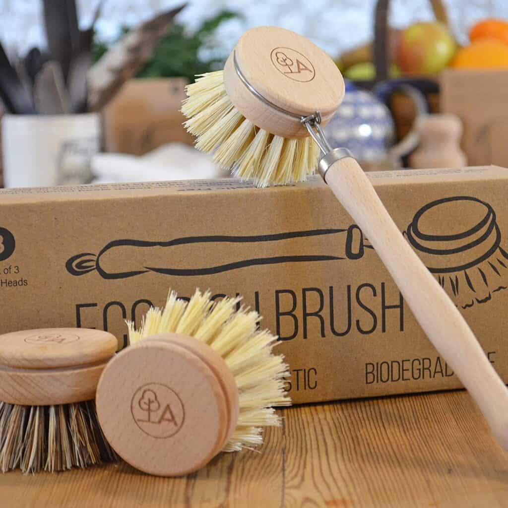 Eco Friendly Dish Brush with Handle - Eco Kitchen Brushes for Dishes - Dish Cleaning Brush Set with 3 Natural Dish Brush Replacement Heads - Eco Cleaning Tools - Agile Home + Garden Eco Friendly Gifts