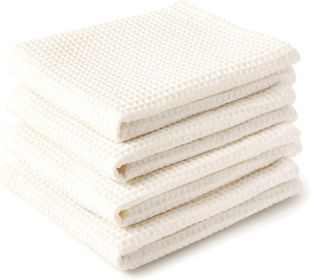 Encasa Homes Anti-Odour Waffle Kitchen Dish Towels, 18 x 28 inch (4 Pc Set) Highly Absorbent, Tea Towels for Cleaning  Quick Drying, Eco-Friendly Cotton - Natural