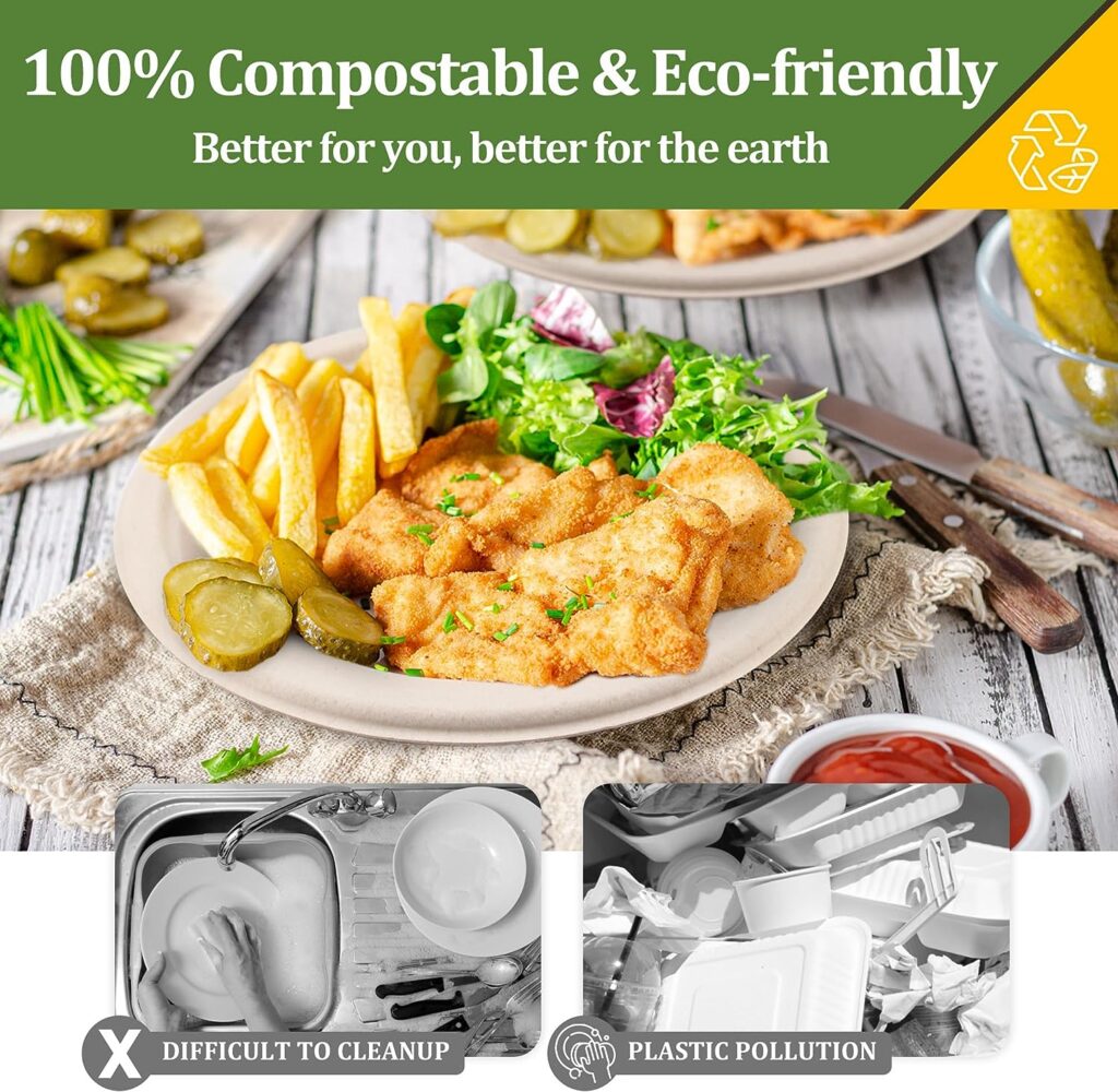 FEHHTO Compostable Paper Plates Set 250PCS Heavy-Duty Disposable Plate and Utensil Biodegradable Dinnerware for Party Sugarcane Plates, Extra Long Forks  Knives  Spoons for 50 People