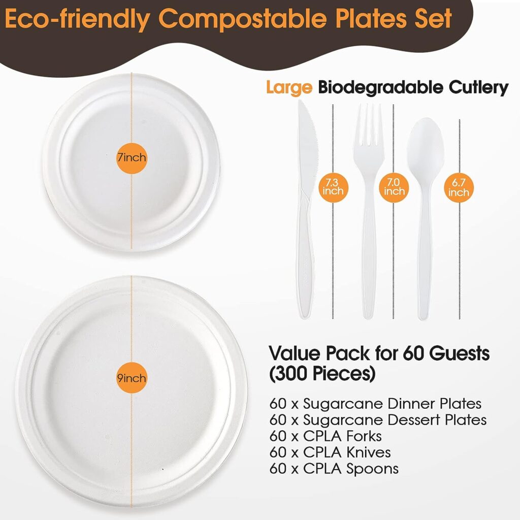 FOCUSLINE 300 Count Compostable Heavy-Duty Paper Plates Set, Eco-Friendly Natural Disposable Bagasse Plates Cutlery, Biodegradable Plates for Parties, Camping, Picnic