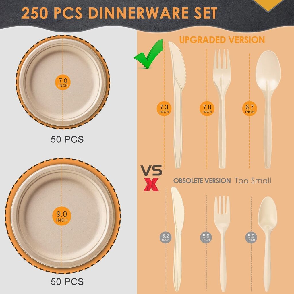 Gezond 250Pcs Disposable Paper Plates Set, Compostable Plate Sugarcane Utensils Eco Friendly Dinnerware Kit Includes 50 Biodegradable Plates, Forks, Knives and Spoons for Party Camping