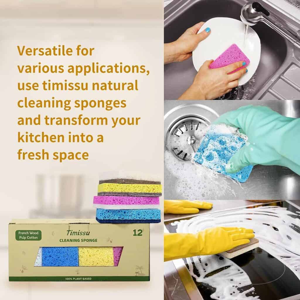 Timissu 12 Pack Natural Cleaning Sponges - Plant-Based Biodegradable Sponge for Kitchen, Non-Scratch Sponge for Dish Sink Cleaning, Coconut Wood Pulp Cellulose Household Dishwashing Supplies