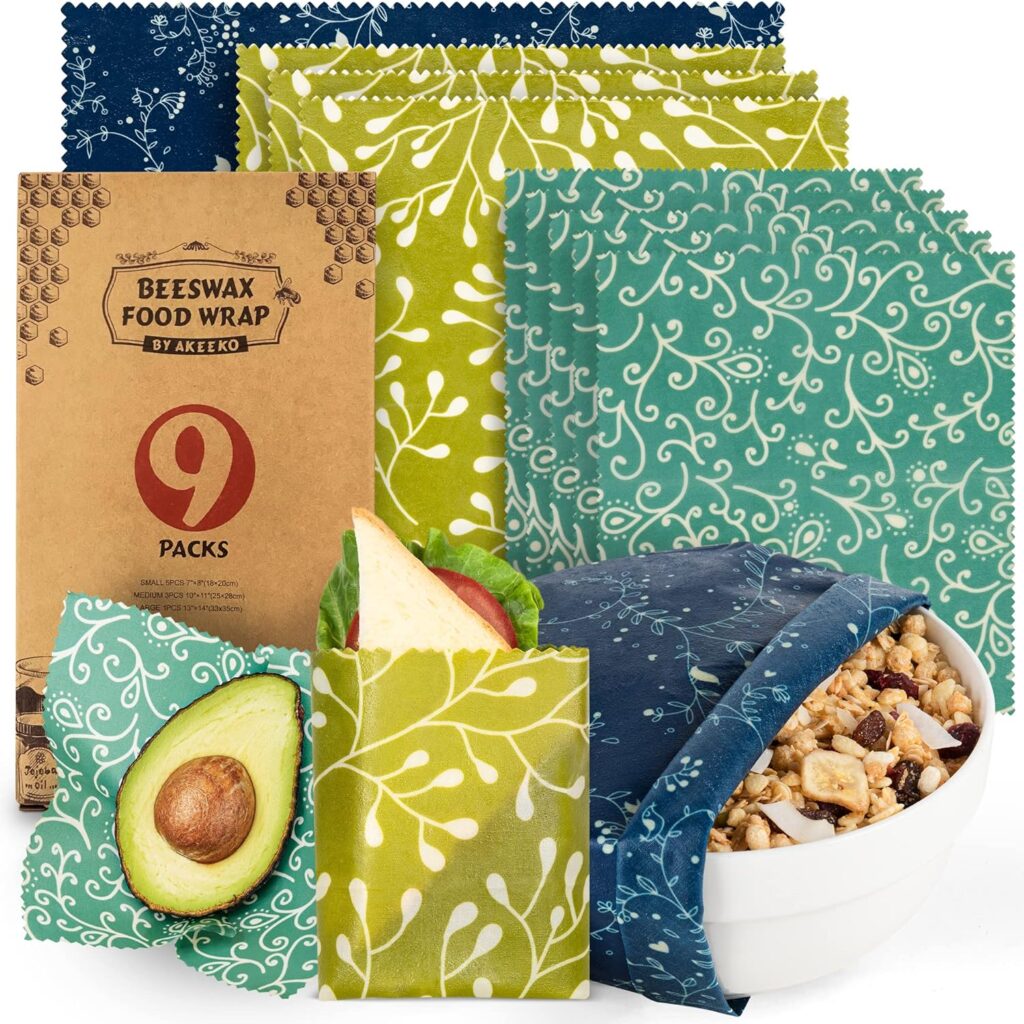 Akeeko Reusable Food Wraps w/Beeswax Assorted 9 Packs - Eco-Friendly Reusable Wraps, Biodegradable, Zero Waste, Organic, Sustainable, Plastic-Free Food Storage, 5S, 3M, 1L w/Abstract Curves Pattern