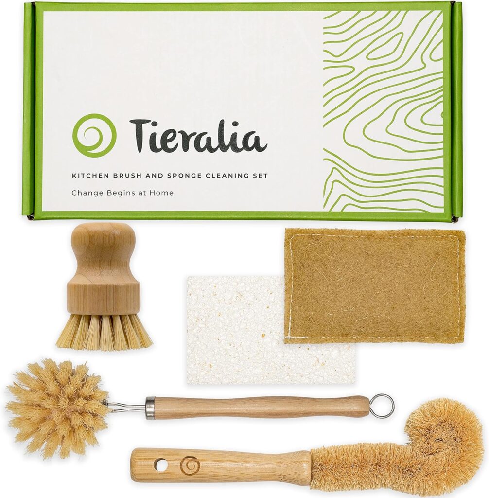 Tieralia 5-Piece Eco-Friendly Bamboo Dish Brush Set with Compostable Wood Pulp Sponges | Bamboo Dish Brushes Kitchen Cleaning Set | Dish Brush Set | Dish Brush