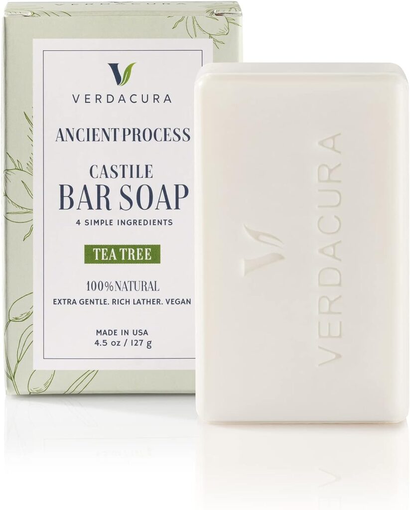 Verdacura Pure Castile Bar Soap for Face Body and Hands All Natural Vegan Soap Ultra-Gentle Biodegradable Sustainable Cruelty Free Palm Oil Free Suitable For Sensitive Skin Made in USA (Tea Tree 4.5 Ounce,1 Pack)