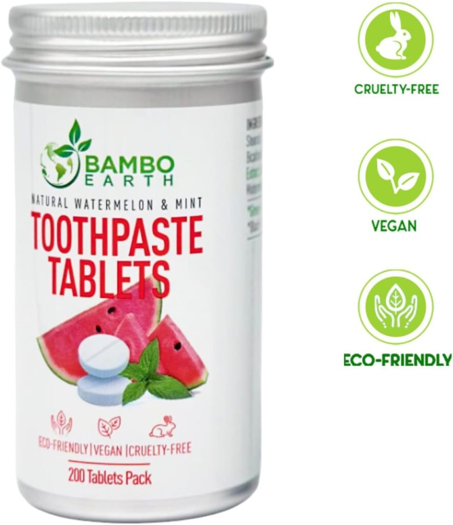 200 Pack Natural Toothpaste Tablet Bits - Chewable Mouthwash Whitening Burts Bees Bite Tablets for Teeth SLS  Fluoride Free Eco  Travel Friendly with Zero Waste Packaging - Mint  (Watermelon)