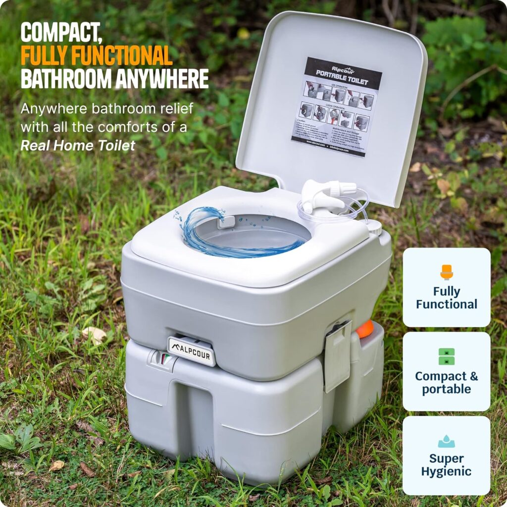 Alpcour Portable Toilet – Compact Indoor  Outdoor Commode w/Travel Bag for Camping, RV, Boat – Piston Pump Flush, 5.3 Gallon Waste Tank, Built-In Pour Spout  Washing Sprayer for Easy Cleaning : Sports  Outdoors