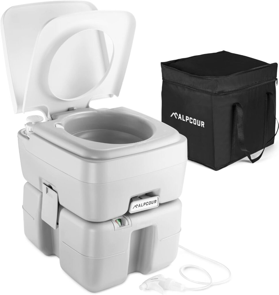 Alpcour Portable Toilet – Compact Indoor  Outdoor Commode w/Travel Bag for Camping, RV, Boat – Piston Pump Flush, 5.3 Gallon Waste Tank, Built-In Pour Spout  Washing Sprayer for Easy Cleaning : Sports  Outdoors