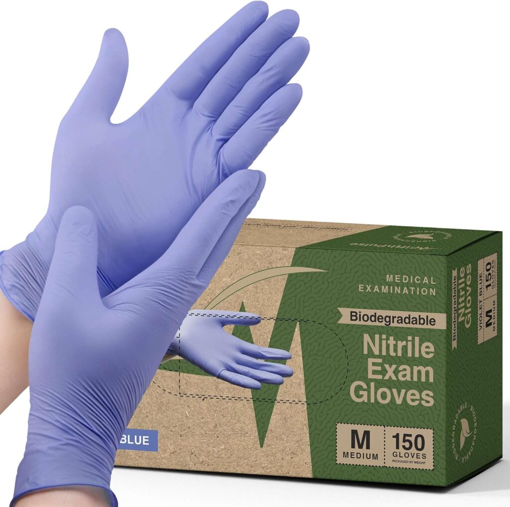 Biodegradable Disposable Medical Gloves Medium - 150 Count - Violet Blue Nitrile Gloves - Medical Exam Powder and Latex Free Gloves - Surgical and Dental Grade with Textured Fingertips