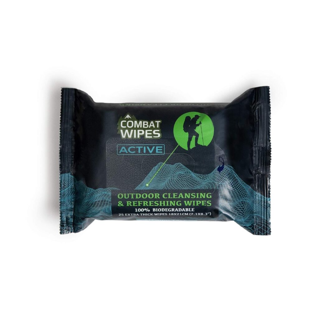 Combat Wipes ACTIVE Outdoor Wet Wipes - Extra Thick Camping Gear, Biodegradable, Body Hand Cleansing/Refreshing Cloths for Backpacking Gym w/Natural Aloe Vitamin E (25 Wipes)
