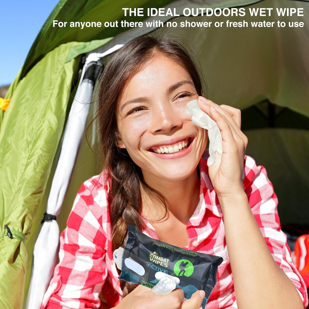 Combat Wipes ACTIVE Outdoor Wet Wipes - Extra Thick Camping Gear, Biodegradable, Body Hand Cleansing/Refreshing Cloths for Backpacking Gym w/Natural Aloe Vitamin E (25 Wipes)