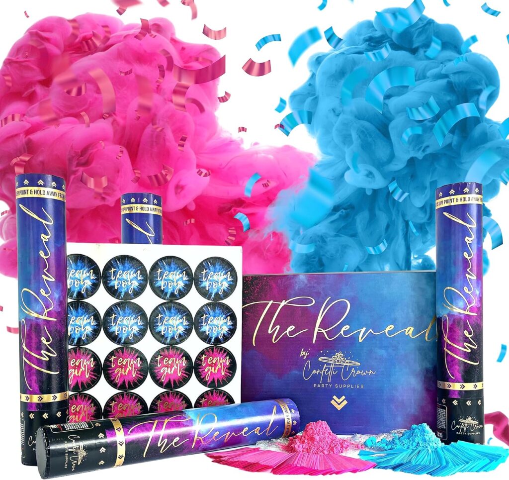Confetti Crown Baby Gender Reveal Confetti Powder Cannon | 12” [PACK OF 4] 2 Pink 2 Blue - 100% Biodegradable Confetti Powder Smoke