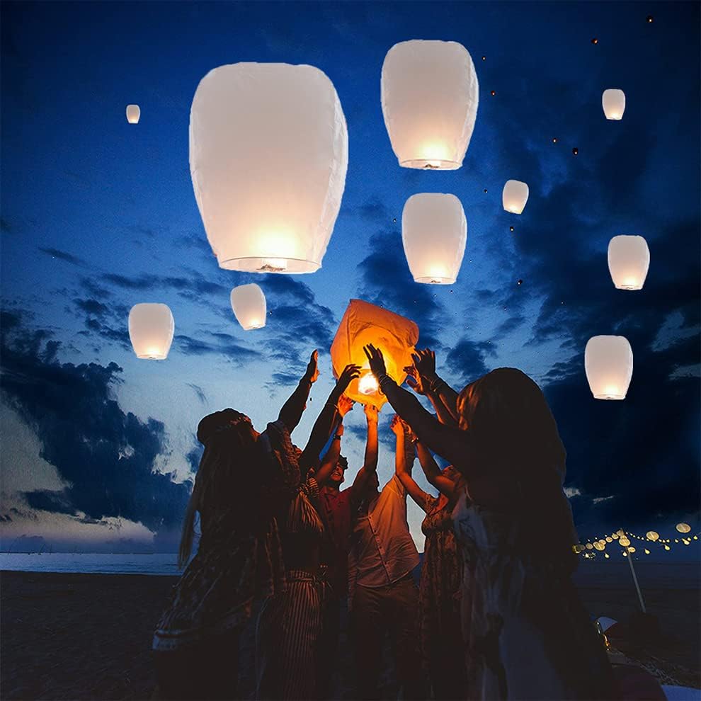 Lanterns to Release in Sky Memorial, 20 Pack White, Chinese Lanterns Easy to Use, Paper Flying Lantern are Biodegradable, Sky Lanterns were The Highlight of Party! Wish Lanterns for Memory of Family.