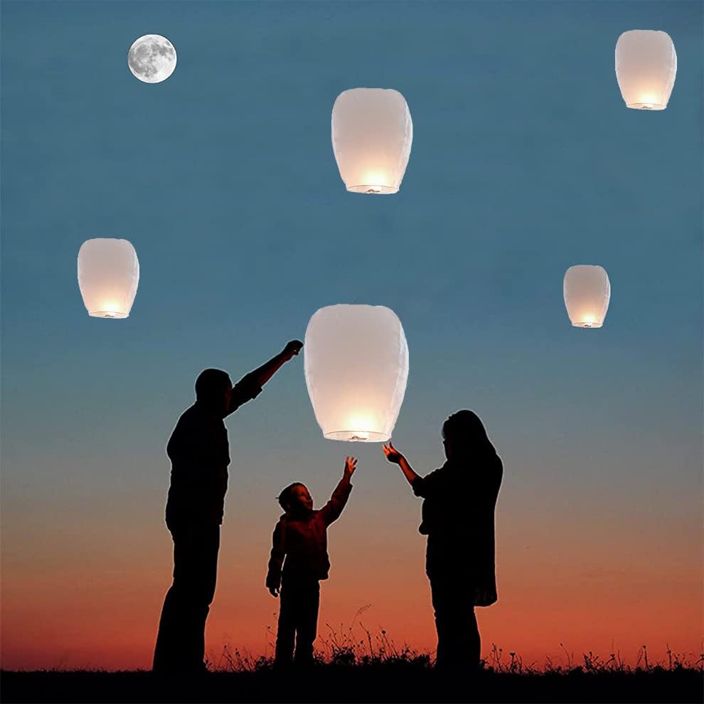 Lanterns to Release in Sky Memorial, 20 Pack White, Chinese Lanterns Easy to Use, Paper Flying Lantern are Biodegradable, Sky Lanterns were The Highlight of Party! Wish Lanterns for Memory of Family.