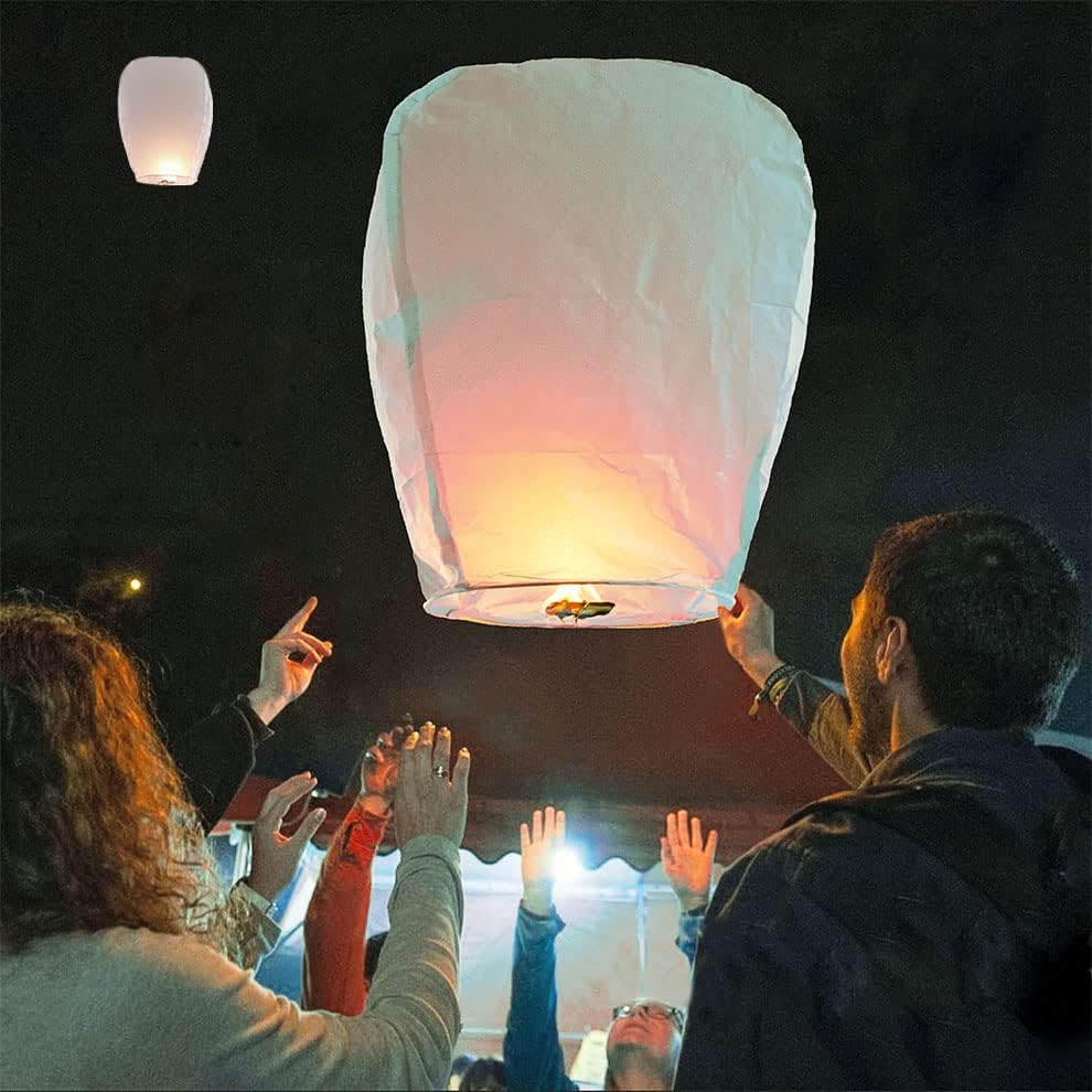 Lanterns to Release in Sky Memorial, 20 Pack White, Chinese Lanterns Easy to Use, Paper Flying Lantern are Biodegradable, Sky Lanterns were The Highlight of Party! Wish Lanterns for Memory of Family.