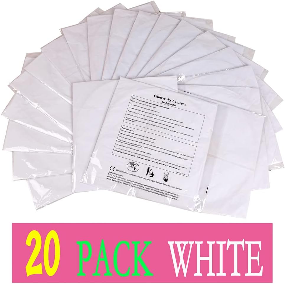 Lanterns to Release in Sky Memorial, 20 Pack White, Chinese Lanterns Easy to Use, Paper Flying Lantern are Biodegradable, Sky Lanterns were The Highlight of Party! Wish Lanterns for Memory of Family.