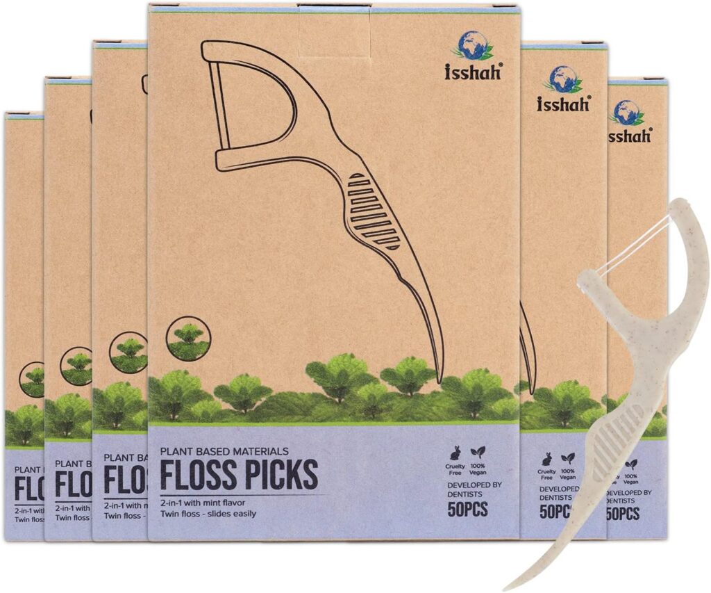 Natural Dental Floss Picks (300 Count) - Plant Based, Vegan, Eco Friendly, Sustainable Dental Flossers - Twin Floss (Mint)