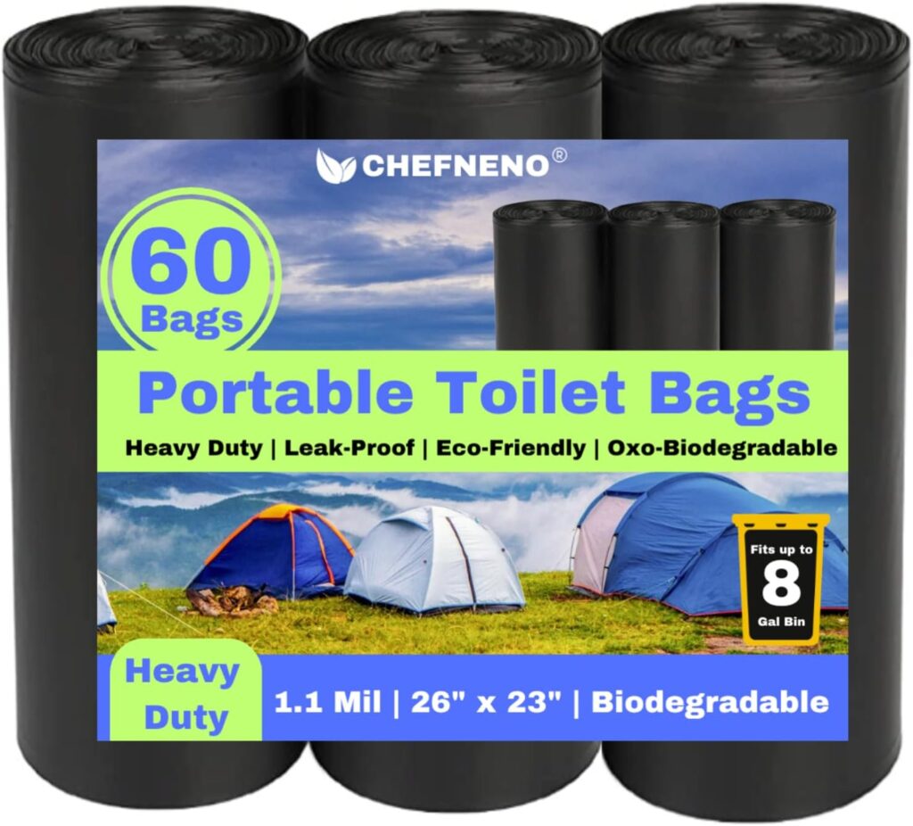 Portable Camping Waste Toilet Bags (60 Bags) 8 Gallon Black Can Liner for Travel, Camping and Outdoor Getaways (60 ct.)