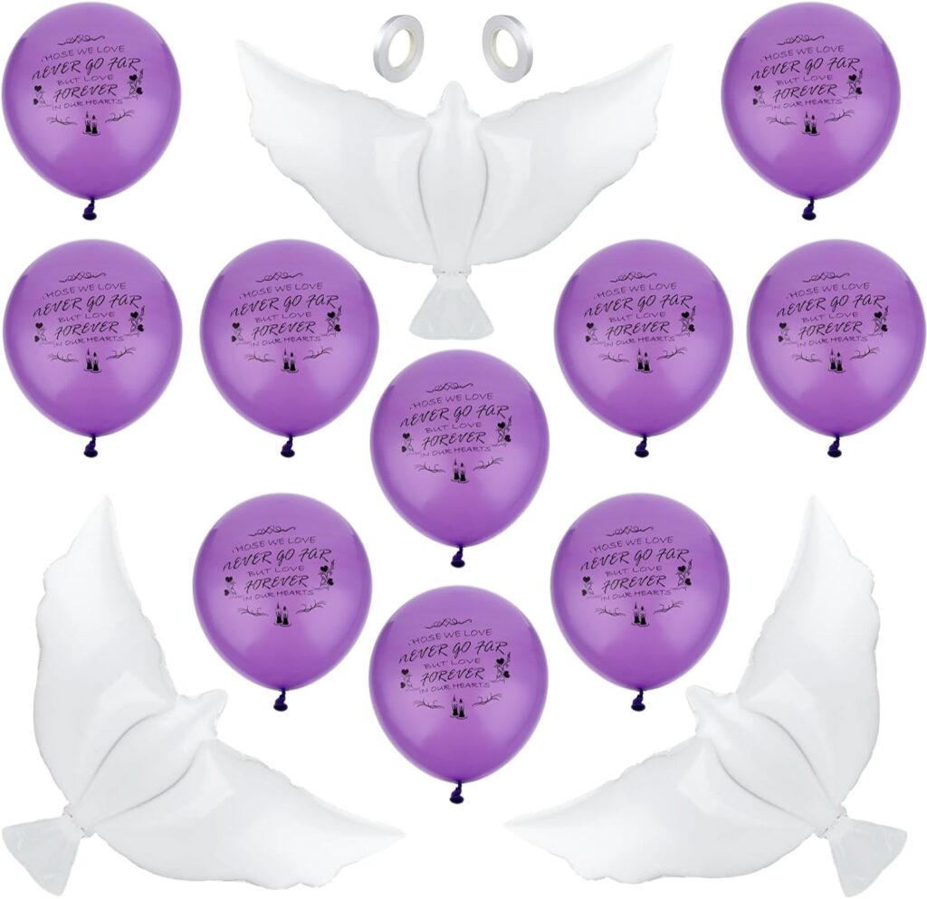 Prasacco 20 Pcs 12inch Purple Memorial Balloons with 3 Pcs 41.3 Inch Peace Dove Balloons for Release in Sky, Funeral Remembrance Balloons Biodegradable Balloons for Condolence, Funeral, Anniversary