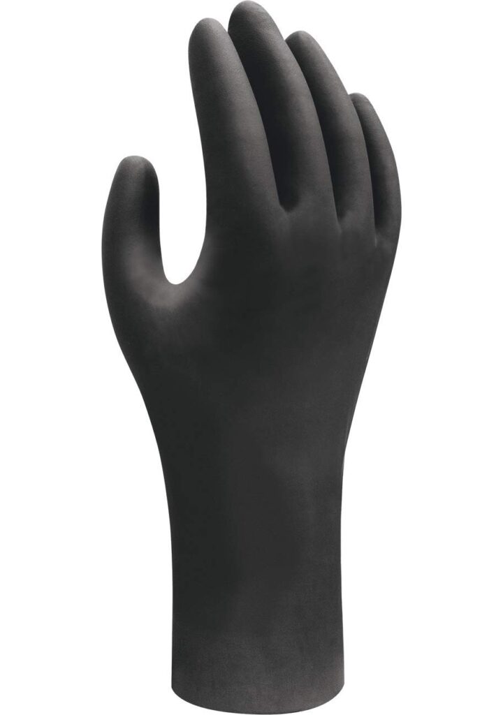 SHOWA 6112PF Biodegradable Nitrile Powder-Free Disposable Safety Glove, Food Safe, 4 mil Thick, 9.5 Length, Medium (1 Box of 100 Gloves), Black