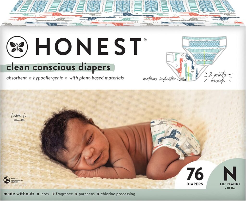 The Honest Company Clean Conscious Diapers | Plant-Based, Sustainable | Dots Dashes + Multi-Colored Giraffes | Club Box, Size Newborn, 76 Count