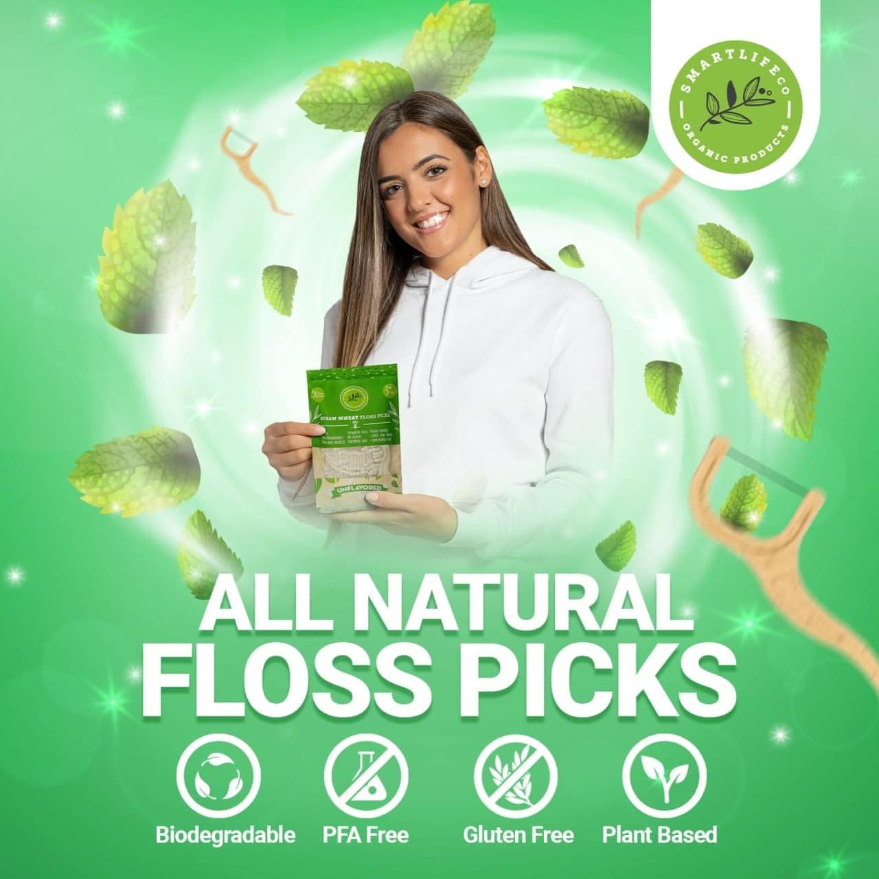 SMARTLIFECO Biodegradable Dental Floss Picks - Natural Plastic Free Tooth Flosser for Adults  Kids | Eco-Friendly Unwaxed Floss | Organic Toothpick Stick Soft On Gum  Teeth | Vegan, Unflavored 100ct