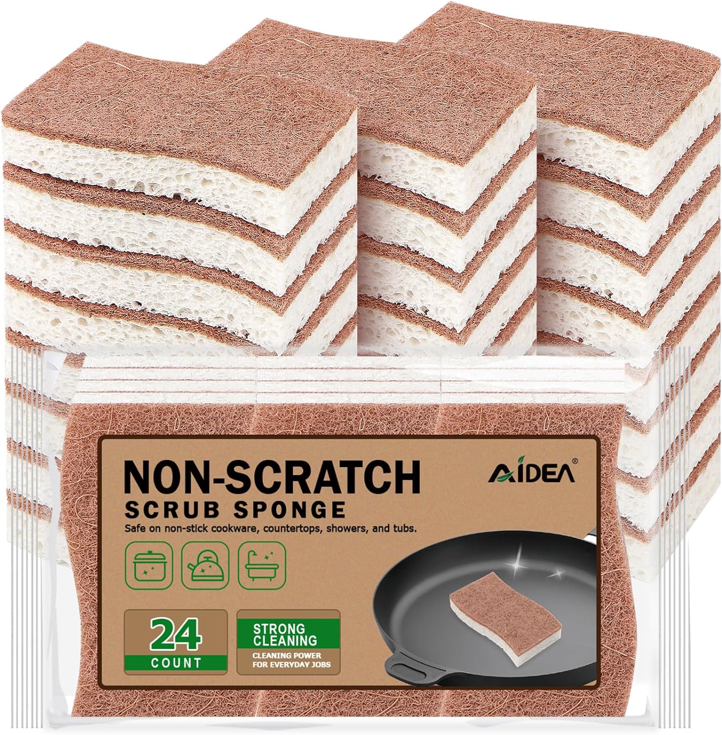 AIDEA Non-Scratch Scrub Sponge-24Count, Natural Sponges for Non-Stick Cookware, Sponges Kitchen, Cellulose Sponges for Dishes, Cleaning Sponge for Kitchen, Bathroom, Household