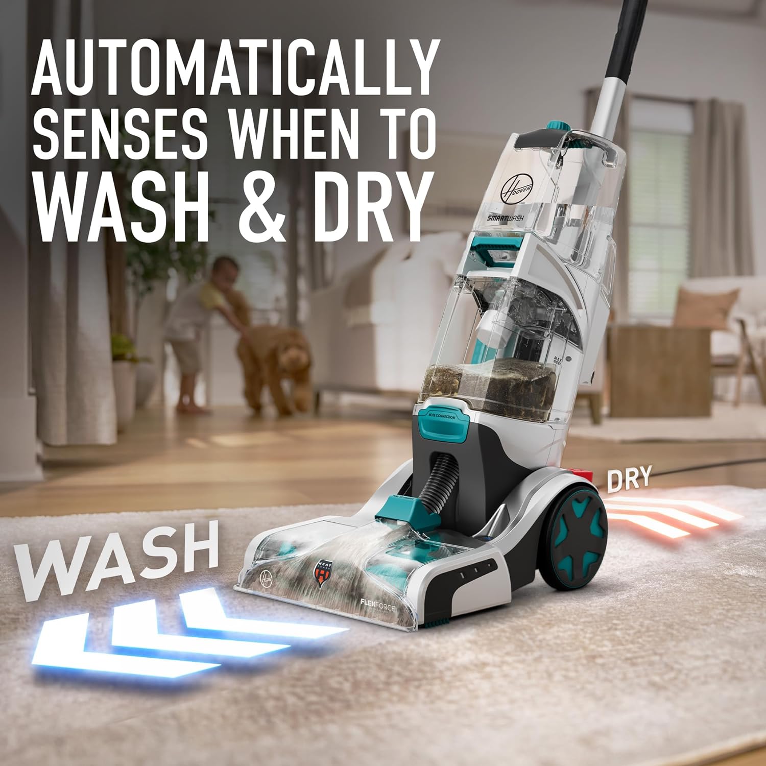 Hoover SmartWash+ Automatic Carpet Cleaner Machine, for Carpet and Upholstery, Deep Cleaning Carpet Shampooer, Carpet Deodorizer and Pet Stain Remover FH52000, Turquoise