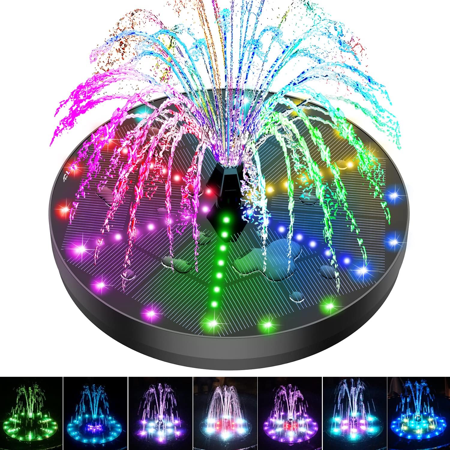 Solar Bird Bath Fountains 2024 Upgraded, 4W Solar Powered Water Fountain Pump with 4000 Battery, 7 Nozzles  4 Fixers, Colorful LED Lights for Garden, Swimming Pool, Pond, and Outdoor Decor